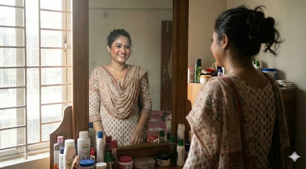 আয়নার সামনে হাসিমুখে দাঁড়ানো নারী